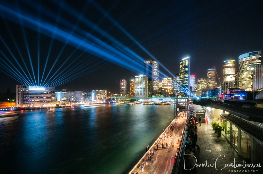 Vivid Sydney 2018 Cityscape at night Blue Lasers cross the sky